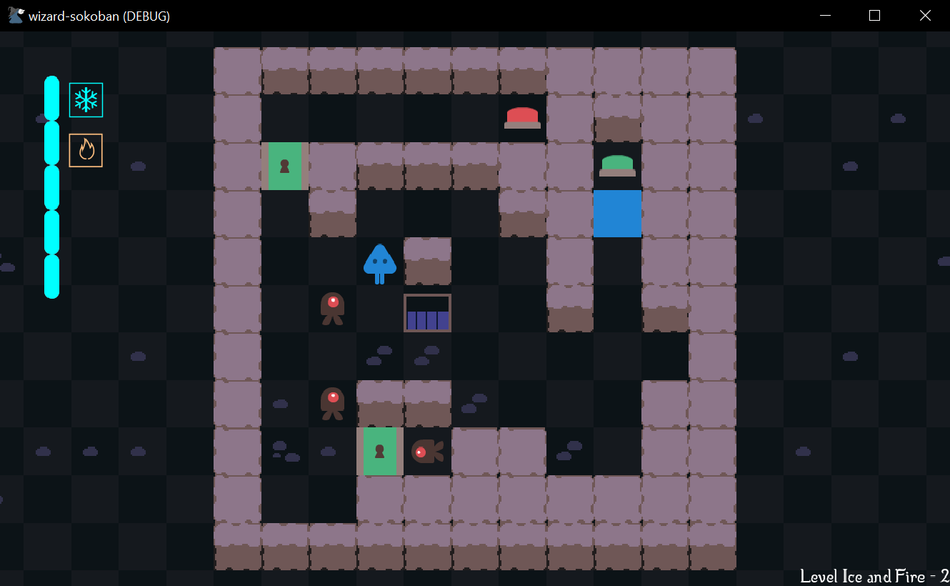 A screenshot of a current level of the game, which includes both Freeze and Burn as spells, along with multiple little guys, a green door and matching button, a red button, stairs to be activated rather than a flag, and nicely tiled wall segments instead of fenceposts