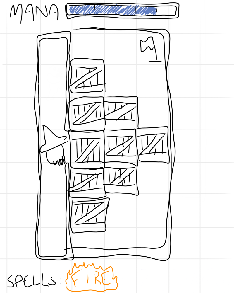 Phone art of a level showing a pile of boxes blocking a wizard's path towards a raised flag, along with a bar at the top for magic and a spell called BURN at the bottom.