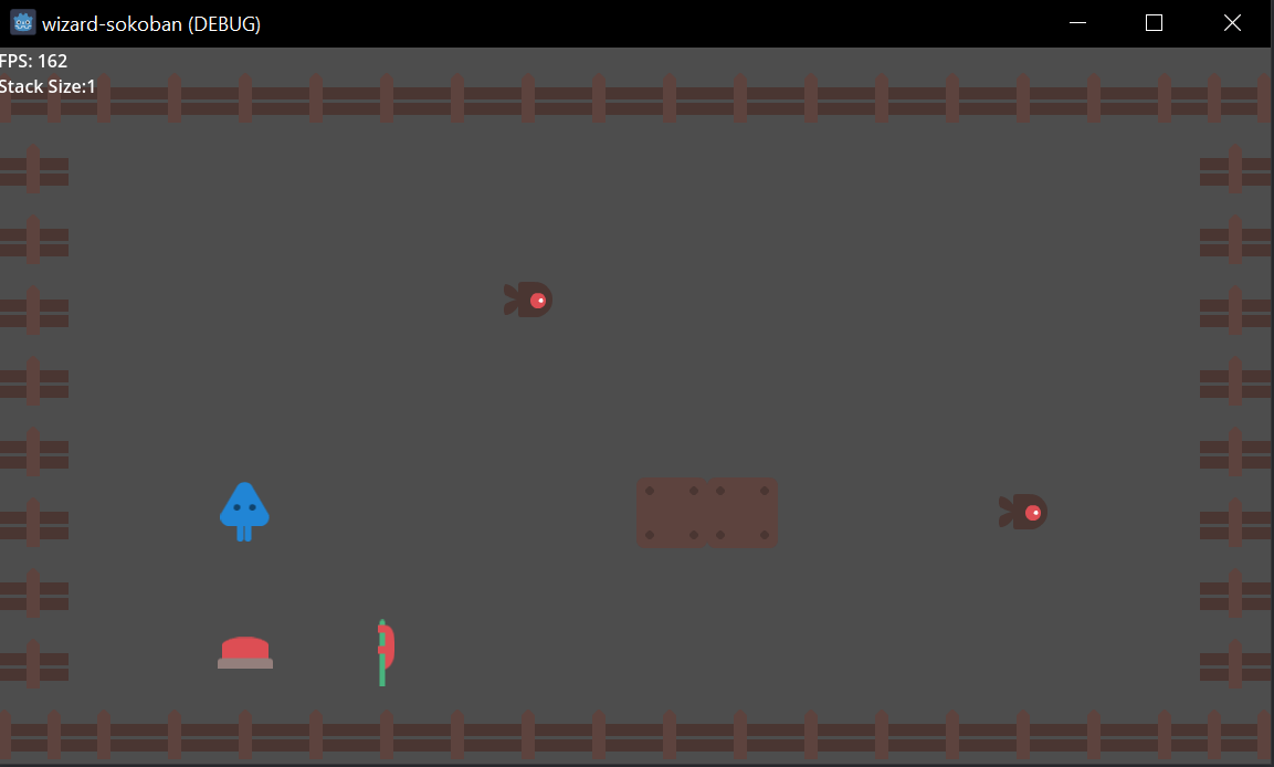 Screenshot of a level with a plain gray background, where walls are made of fences, and there are new aasets for a few crates, a few little guys, a red button, a red and green flag, and a blue triangular player