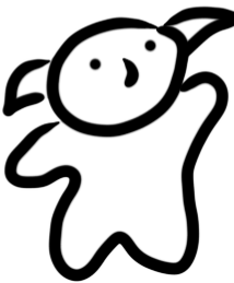 Black and white phone art of a blobby dude with a round head and pointy ears with one arm slightly raised