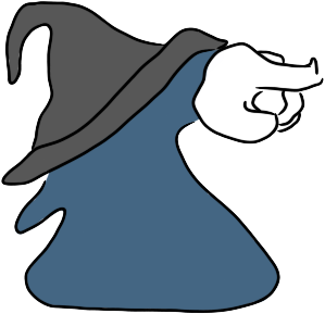 Phone art of a wizard with a gray hat covering their face, a blobby blue robe, and one white-gloved hand with a finger stuck out to one side