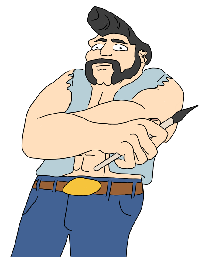 A man with a sort of pompadour haircut and a mustache and beard but no goatee crosses his arms and holds an ink brush in one hand. He wears no shirt, only a vest