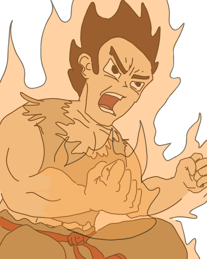 An illustration of a muscular anime guy who is on fire from clenching his muscles so hard