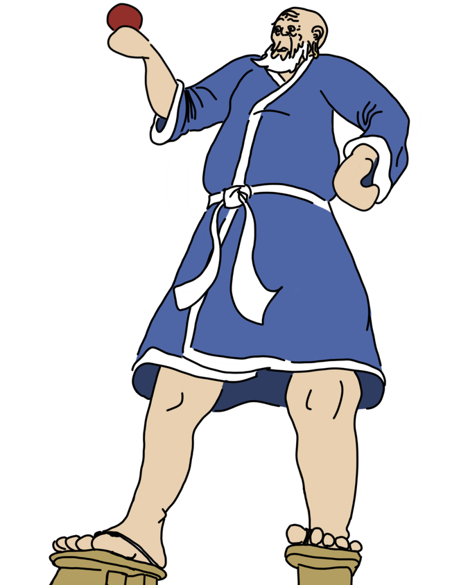 A bald old man with a white beard wearing a blue and white robe and geta sandals, holding a squash ball in his right hand