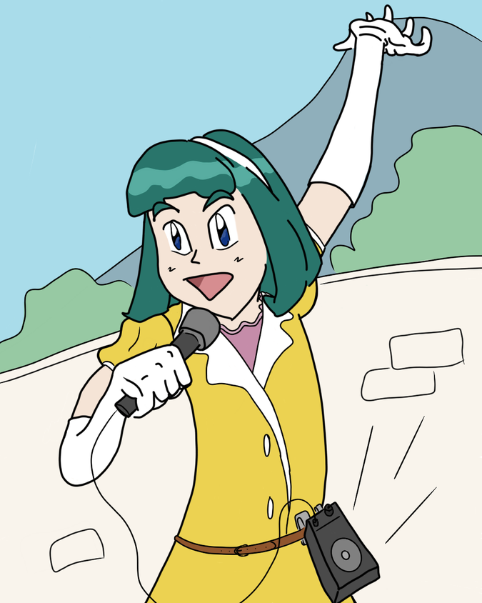 An anime woman in bright clothing holding a small microphone and speaker gestures behind her to a mountain in the background