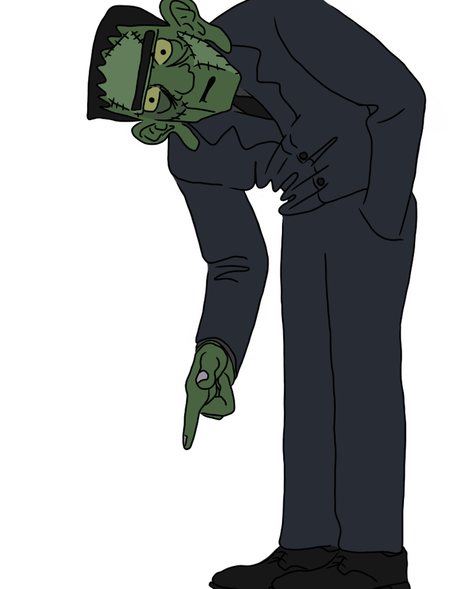 A hunched over Frankenstein monster wearing a suit and pointing one finger out in a finger gun