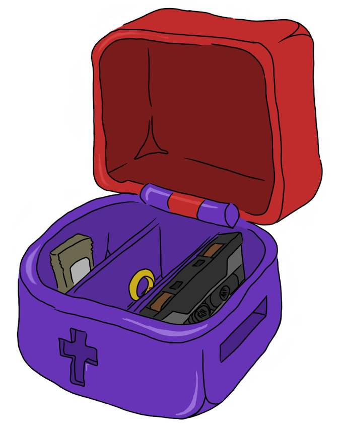 A shiny purple plastic box with a red lid, opened to reveal three sections, each containing one of the items listed in the quotes below