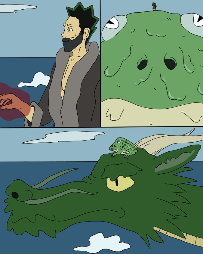 A three panel comic: 1. Ging Freecs wearing his animal coat and scowling while holding his hand out, 2. A zoomed-out view showing Ging riding atop the head of an enormous melting frog, 3. A further zoomed-out view of that melting frog riding an unfathomably large green dragon, all soaring above clouds over the open ocean