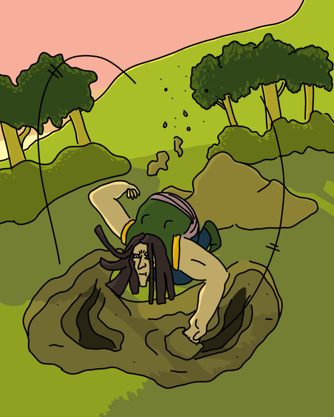 An illustration of a person kneeling as he digs furiously at the ground at dusk