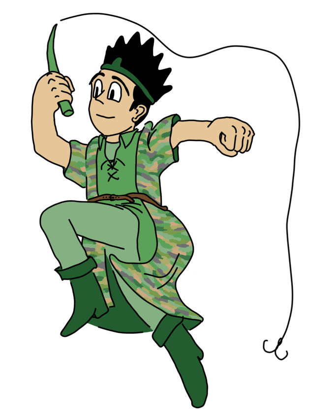 An illustration of a boy dressed in all green holding a fishing rod above his head and leaping toward the left. His outermost layer is a green camo-textured robe