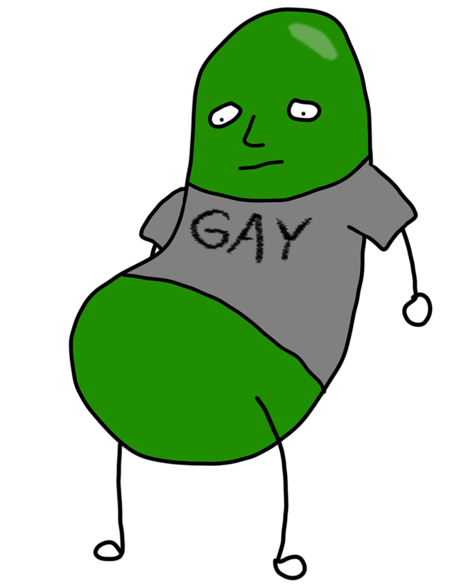 A green green jelly bean man in a t-shirt that says GAY on it