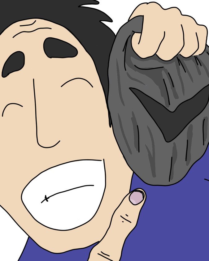 A drawing of a man smiling and pointing to a ninja mask that he's holding up next to his face