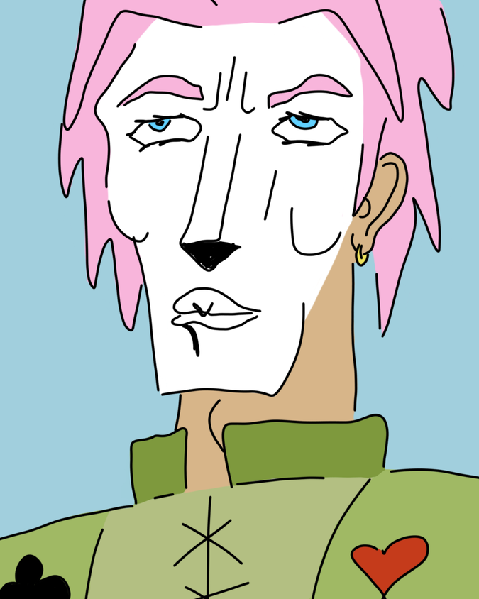 A drawing of a Jojo-looking person with a pale white face, pink hair, and a pale lime green doublet with playing card symbols on it