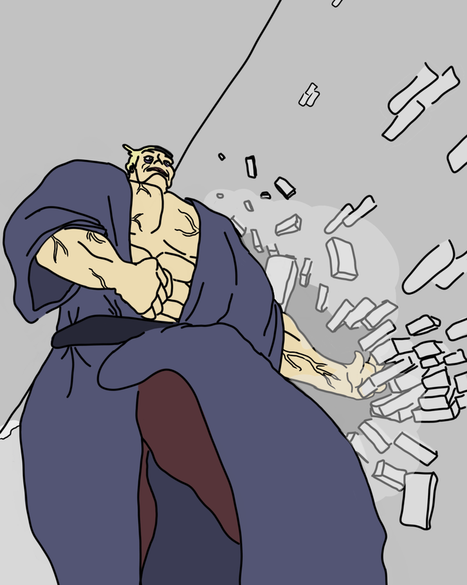 A low angle illustration of a buff man in a robe walking towards the camera with his left hand dragging through the gray brick wall as he moves