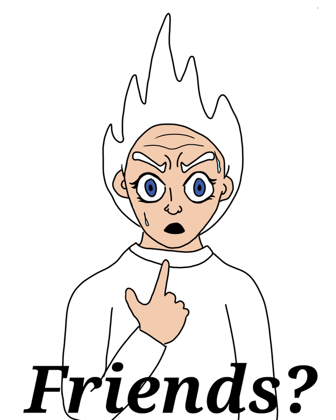 The guy pointing at himself meme but it looks like nervous Killua with extra eye make-up and text at the bottom that reads Friends? 