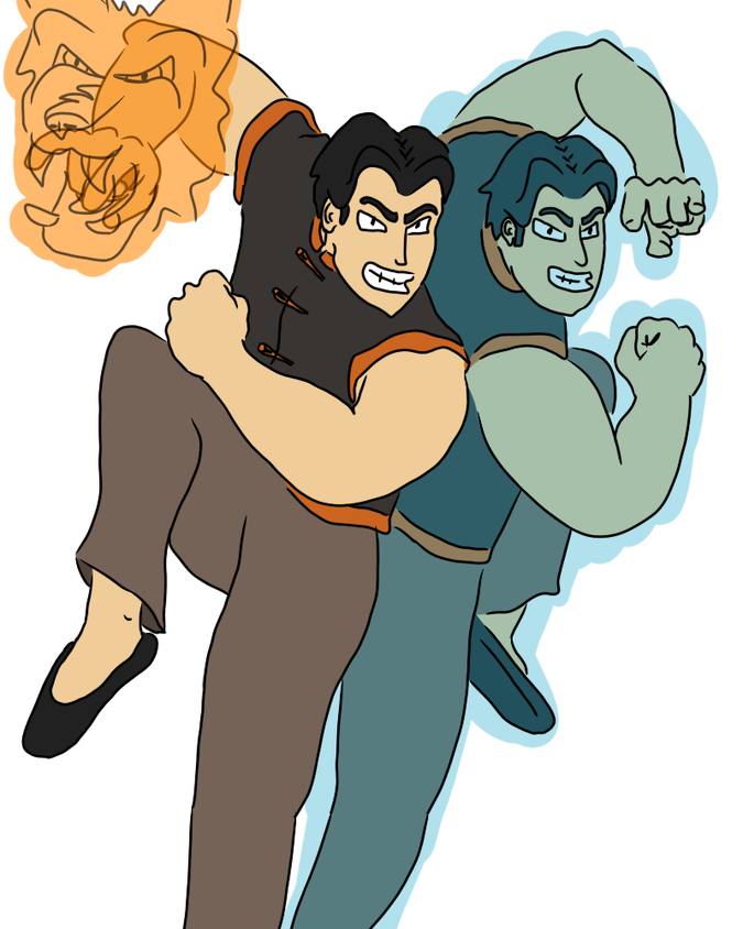 Kastro and his ghostly imperfect doppelganger pose back-to-back as they each prepare to deliver tiger bite fist attacks