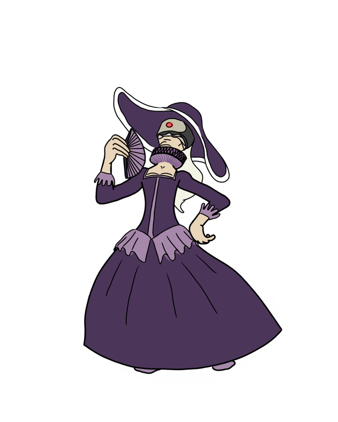 A woman in an old formal purple dress, a bulky visor, and a big floppy hat stands fanning herself