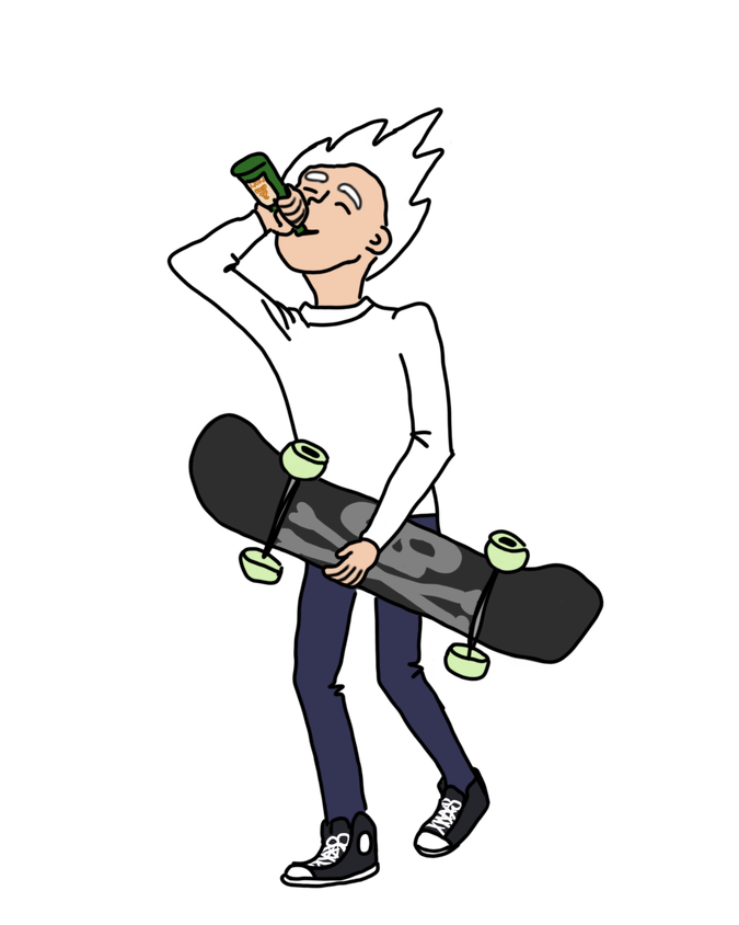 A lad holding a skateboard while wearing a white t-shirt. Their white hair points up like a flame, and they drink a fowl-looking drink contentedly