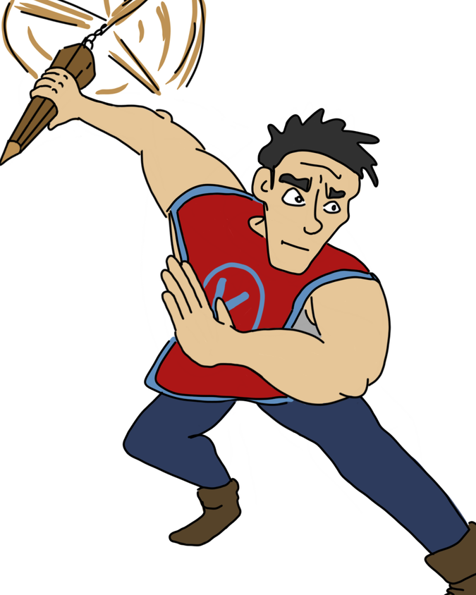 An illustration of a guy in red and blue spinning nunchucks in one hand while slightly crouching and guarding his chest with the other hand. 