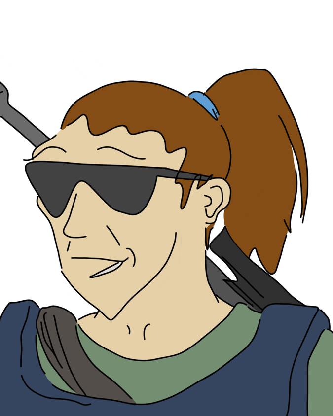 An illustration of a lady with sunglasses, a vest, and a sniper on her back