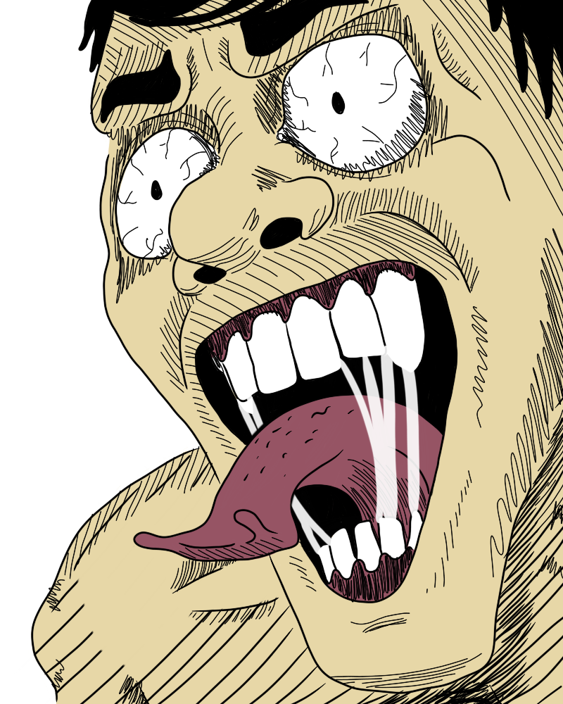 Leech, a Junji-Ito-style portrait that's zoomed in on the face and has lots of unsettling details, including a long and thick tongue that looks kind of like a slug