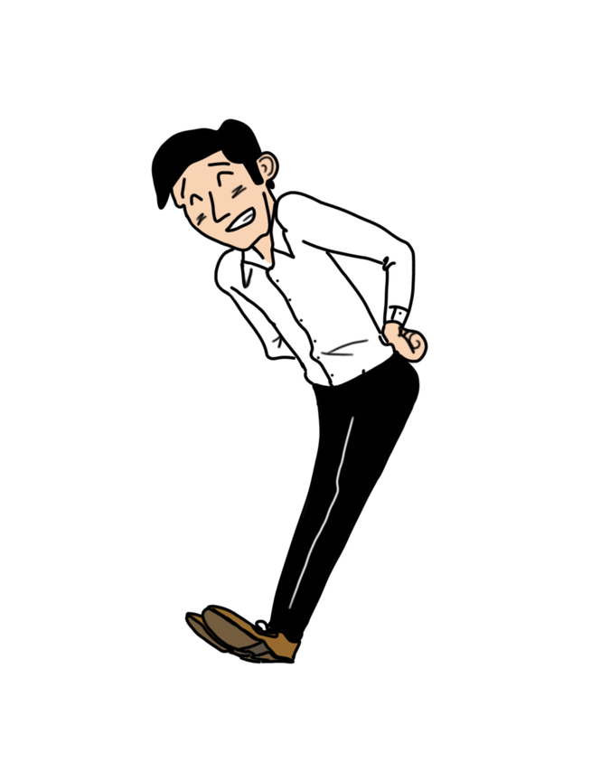 A guy in a white button down and black pants sheepishly rocking on the heels of his brown oxford shoes with his hands behind his back