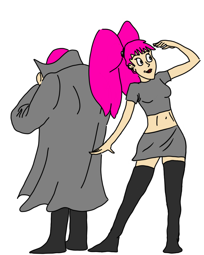 An illustration of a cloaked figure next to a woman with thigh high boots, a skirt, and a crop top, with big poofy bright magenta hair in two ponytails