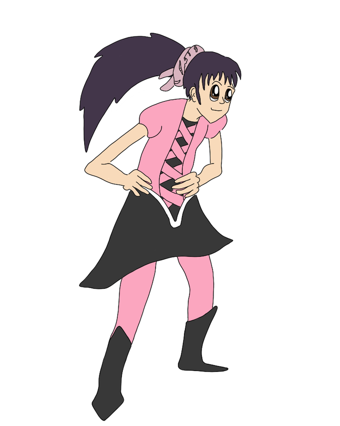 A girl with dark purple hair hunches over with arms akimbo. She wears black and pink clothes that are both pink witch and a little bit spooky