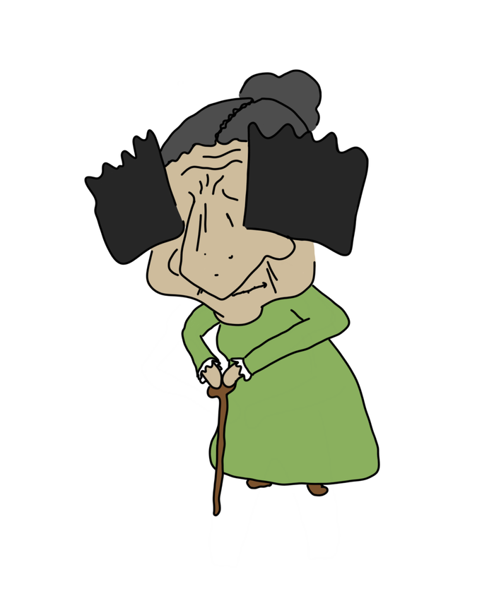 An old woman holding a cane who is in a green dress with comically large black eyebrows