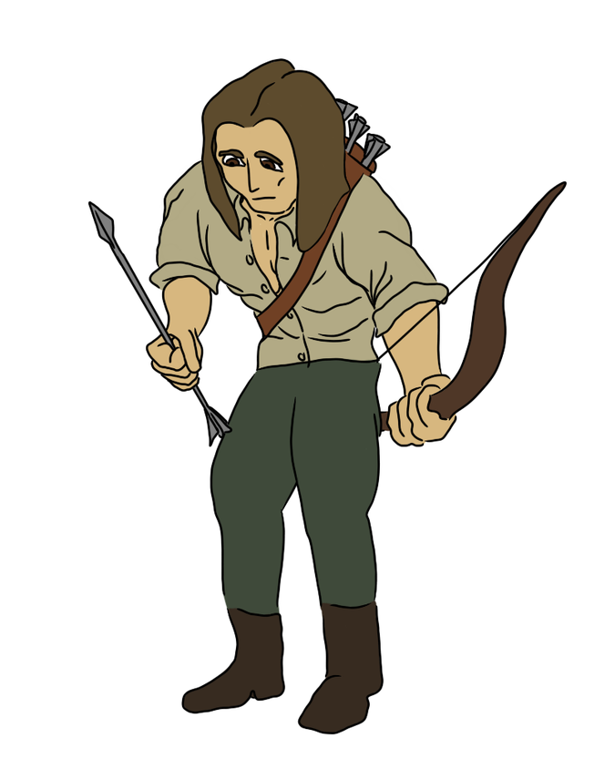 A muscly guy with shoulder-length straight hair, a button-down, and a bow and arrow