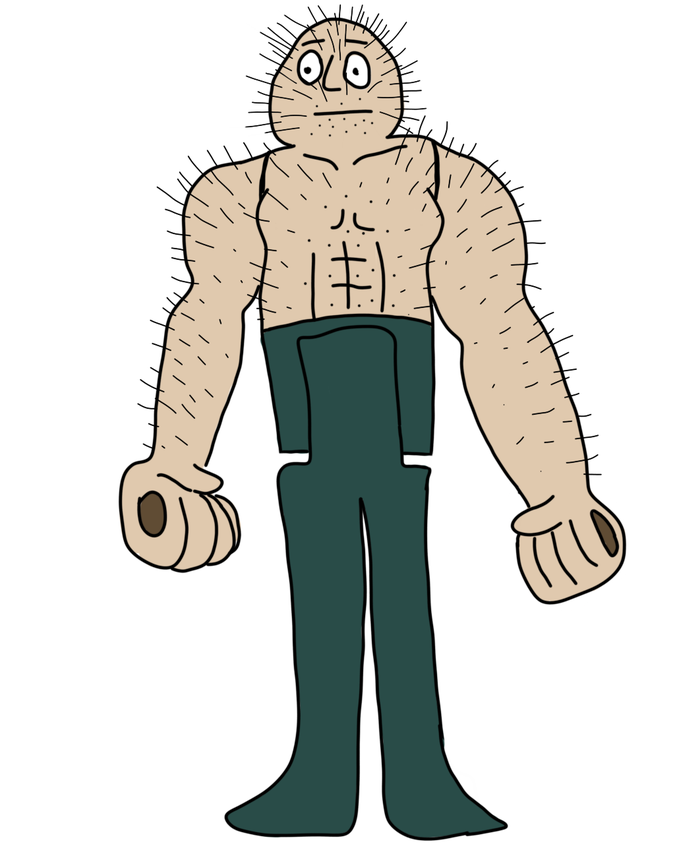 An illustration of a buff, bald, shirtless male 90s action-figure with pins sticking of it