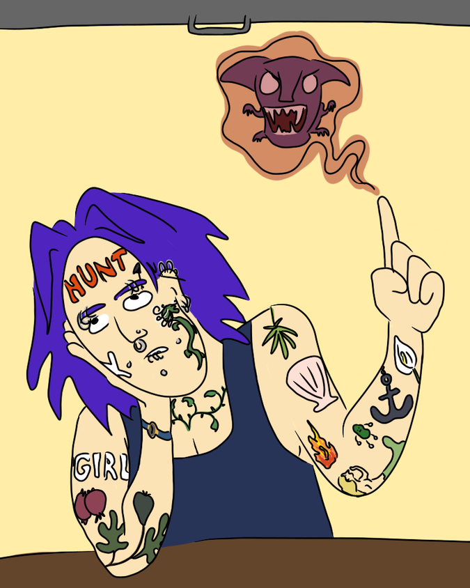 A bored-looking lady resting her head on her hand on the front counter, while raising her other hand into the air with her pointer finger out, summoning a magical ghostly gremlin. She has lots of tattoos, including a forehead one that says HUNT