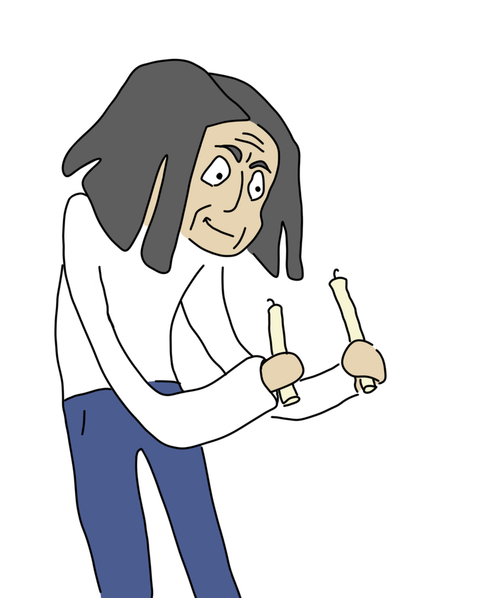 An illustration of a gangly guy with long dark hair holding two candles of different sizes