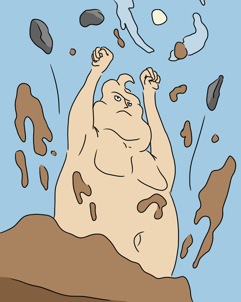 Worm, a mostly nude man with a 💩 head bursting out of the ground as rocks and dirt fly skyward