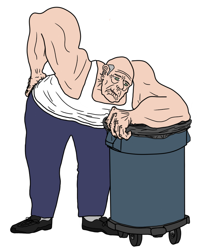 An old, absolutely ripped man holding his lower back with one hand and leaning on the other arm bent over an industrial-sized trashcan on wheels 