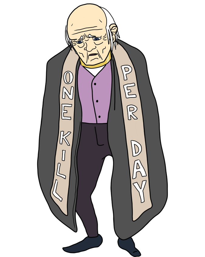 An old, hunched-over man wearing a cloak and a stole over it that says one kill per day