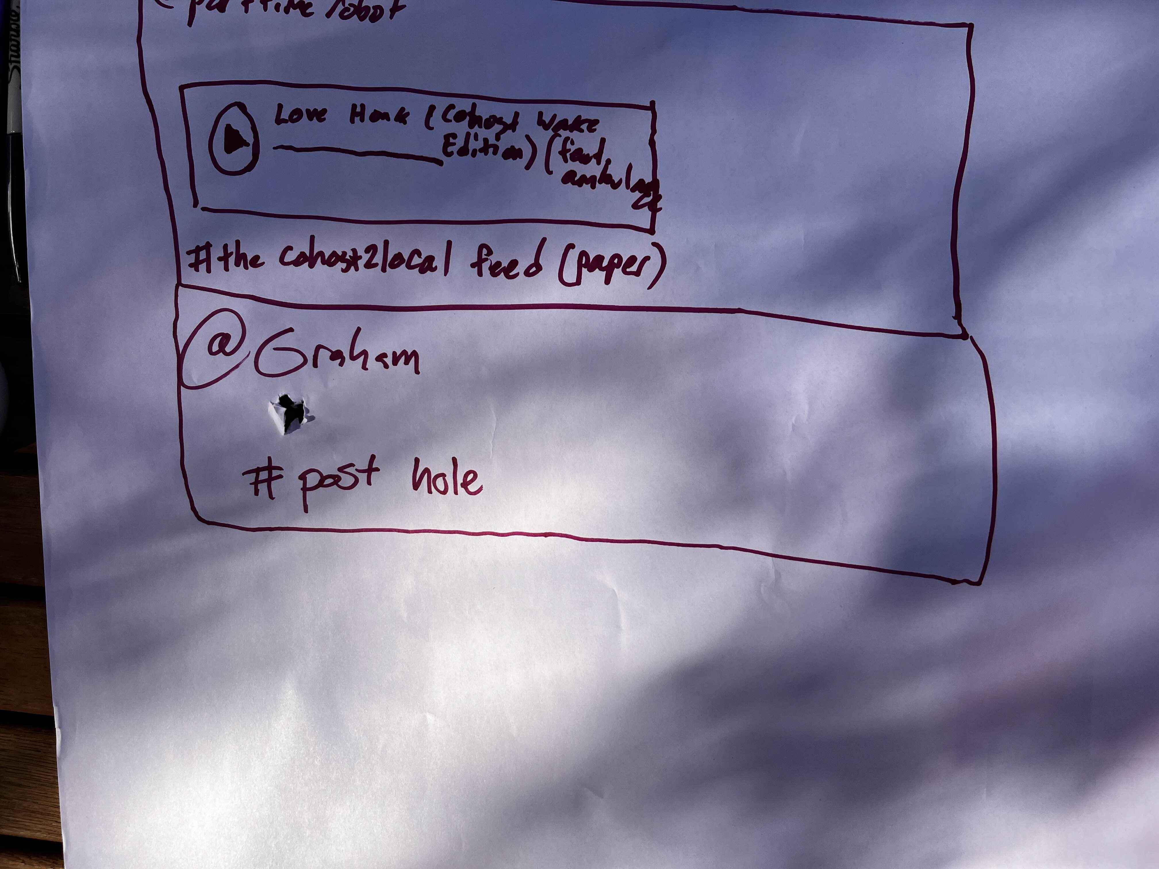 Picture of my post on Cohost 2, where I've poked a hole through the paper and tagged it "post hole"