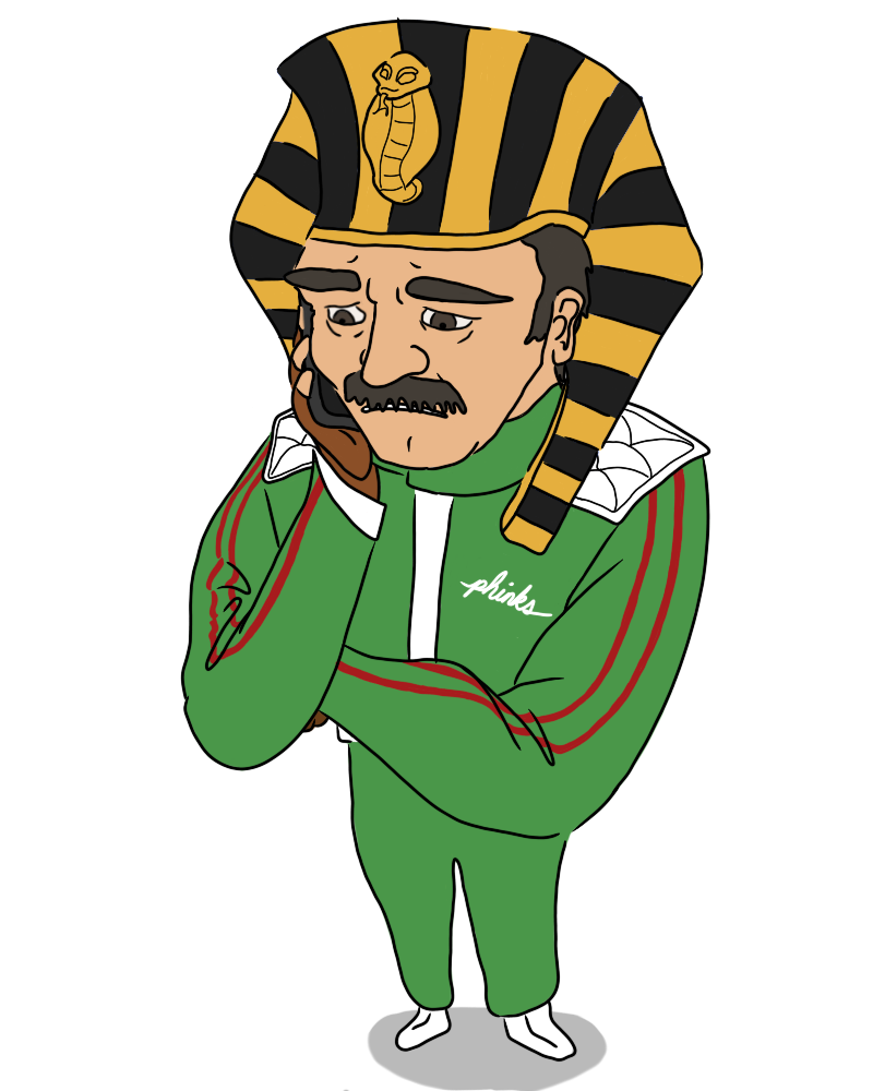 A mustachioed Italian-looking man, wearing a stereotypical Egyptian Pharaoh headdress and a green tracksuit with red stripes, talks on the phone apprehensively