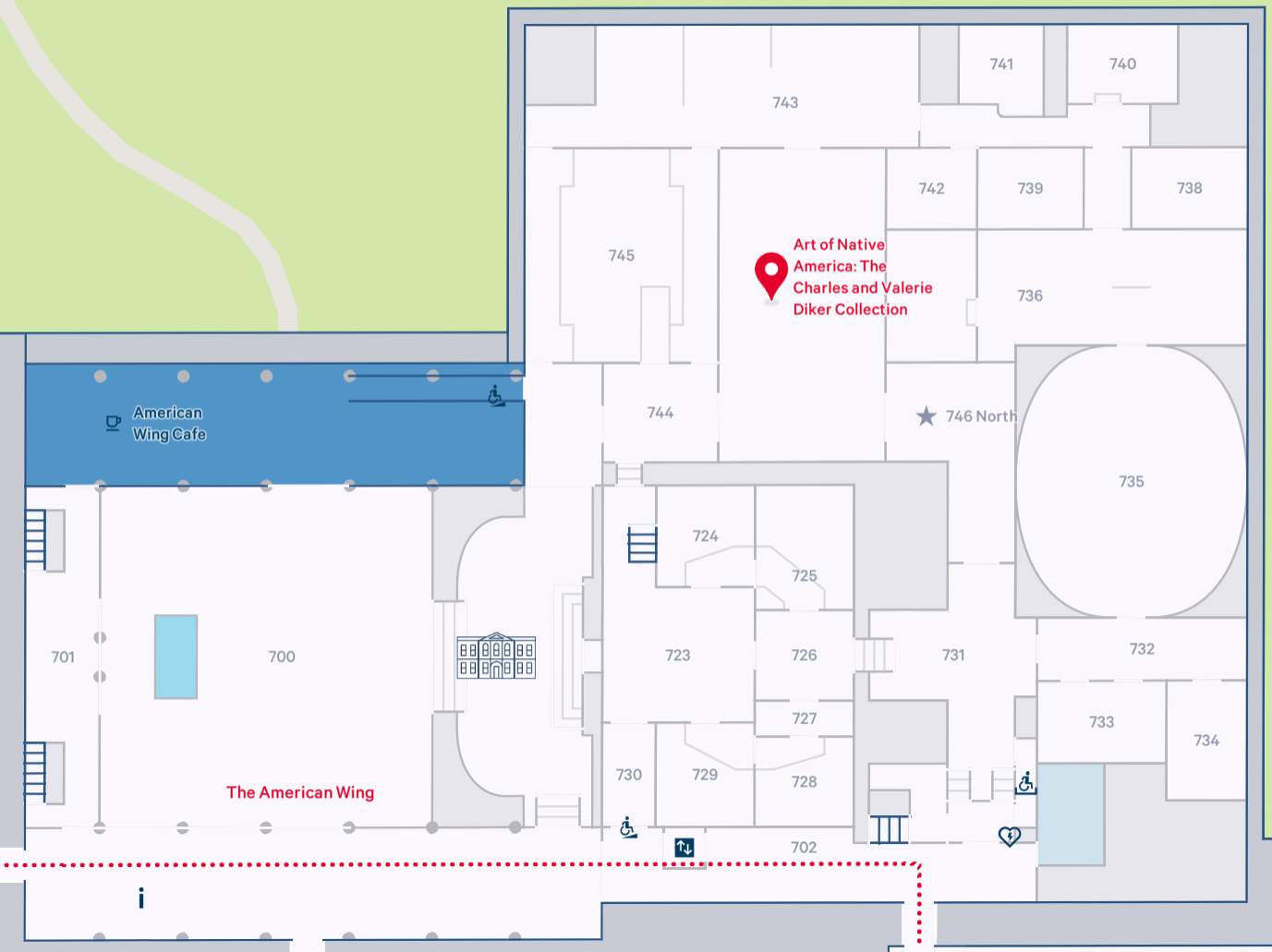 A screenshot of the map of The Met, showing the American Wing, which has at least 3 rooms and nearly half of all floor area to cover to reach the 'Art of Native America' room