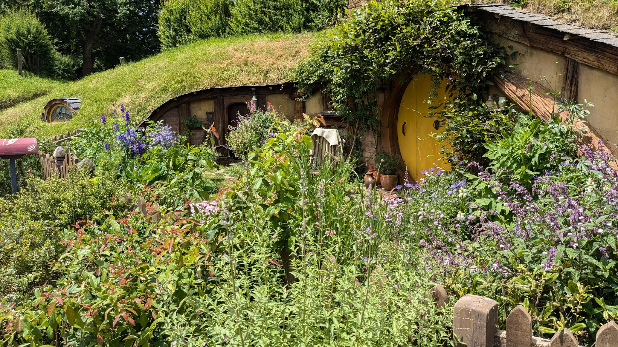 A photo I took of a Hobbit hole with a yellow door and a lot of flowers in the front-yard