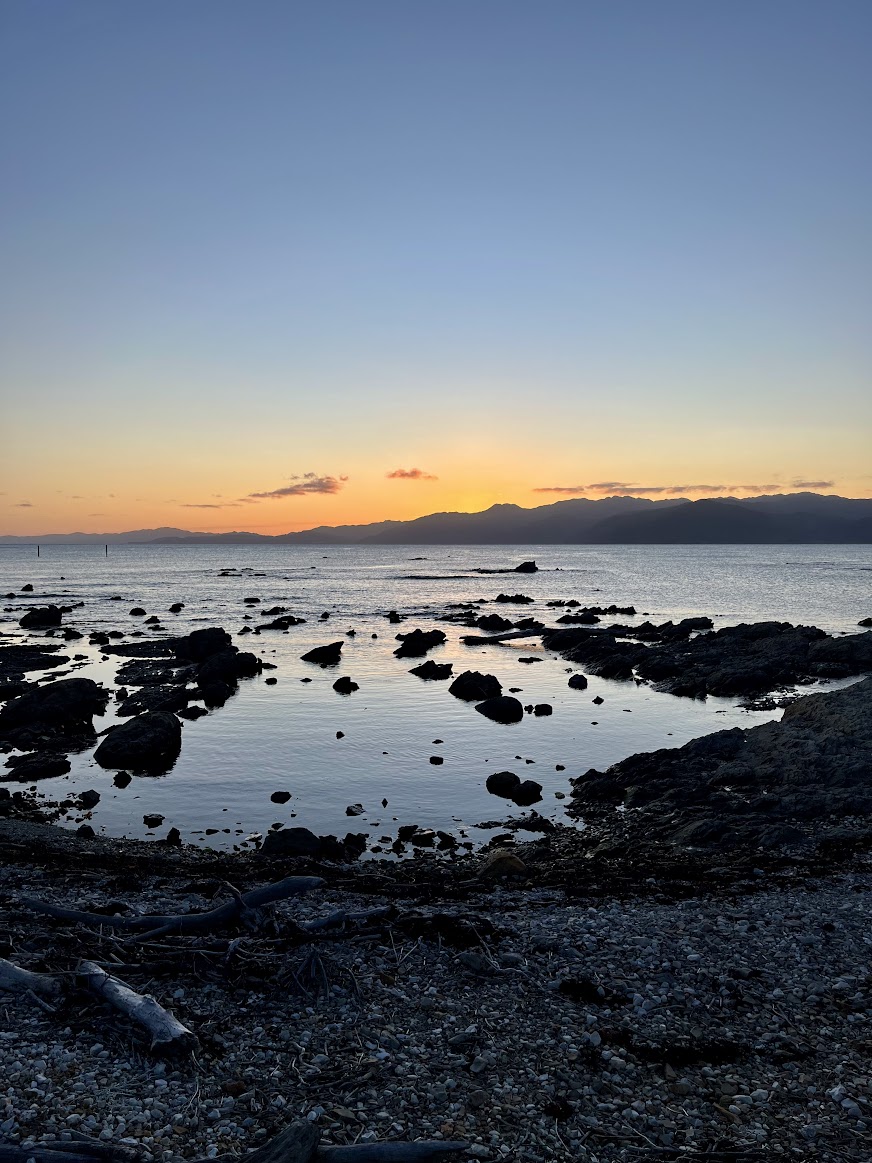 A picture of the rocky tide pool area after sunset. The rocks all look like dark lumps compared to the reflective water. It's hard to tell what's a rock versus a bird with dark feathers