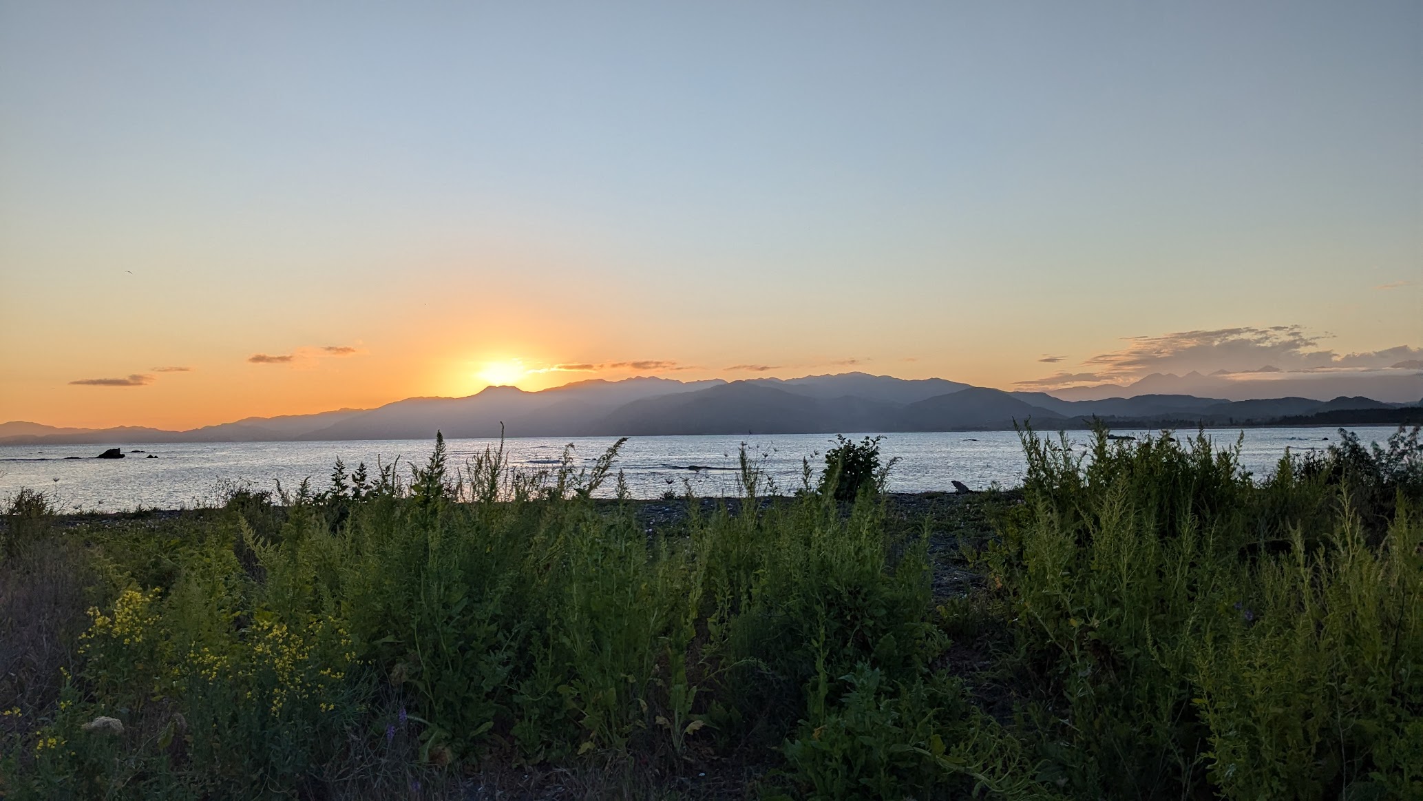 A picture of the sunset over the mountains in the background and the beach obstructed by bushes in the foregound