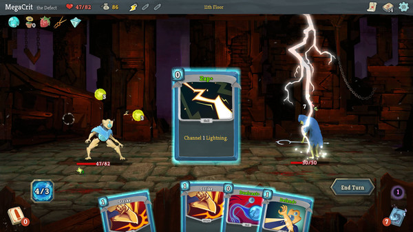 A screenshot of Slay the Spire showing a handful of cards for the Defect character and a Zap+ card being played