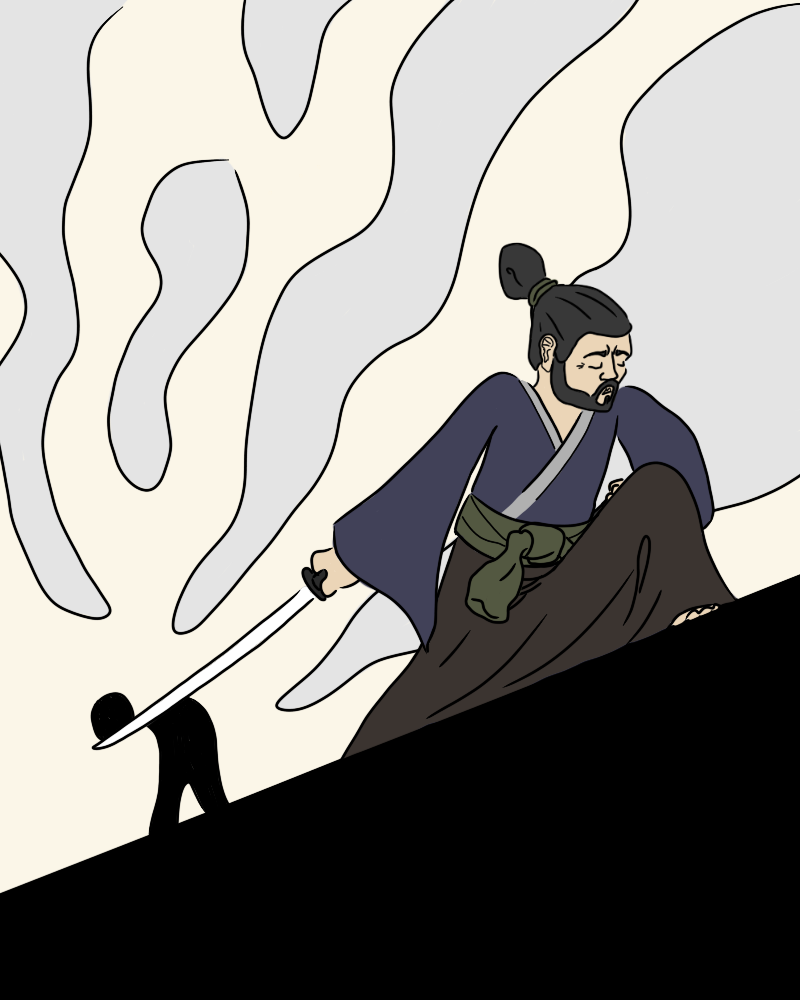 A robed samurai holding a katana out in the foreground after decapitating a silhouette in the background