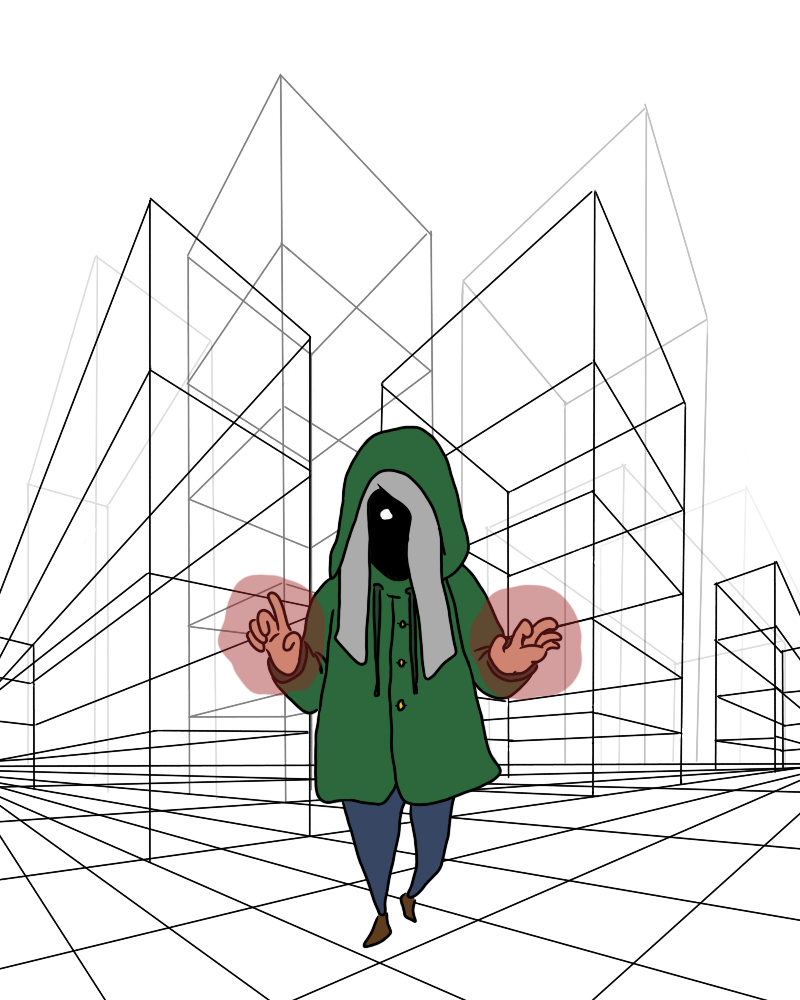 A short person in a raincoat walks towards the camera holding their hands out with several wireframe buildings looming behind them