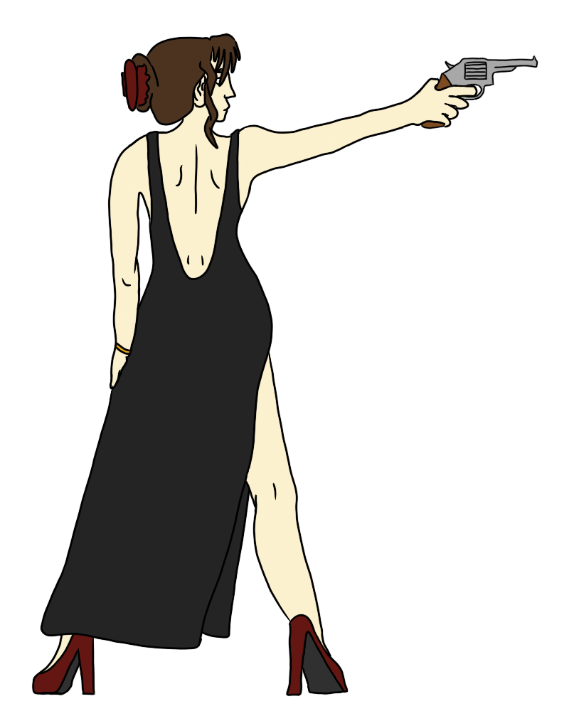 A woman in heels and a slit-dress holds a revolver out to shoot to the right, off-screen