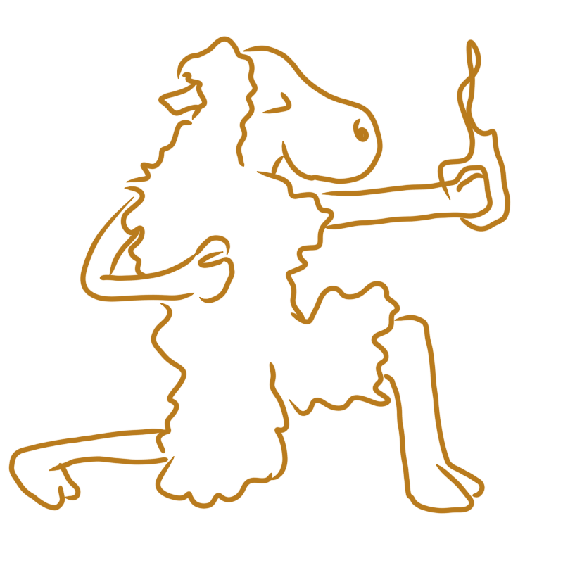 a kneeling sheep with one burning fist out