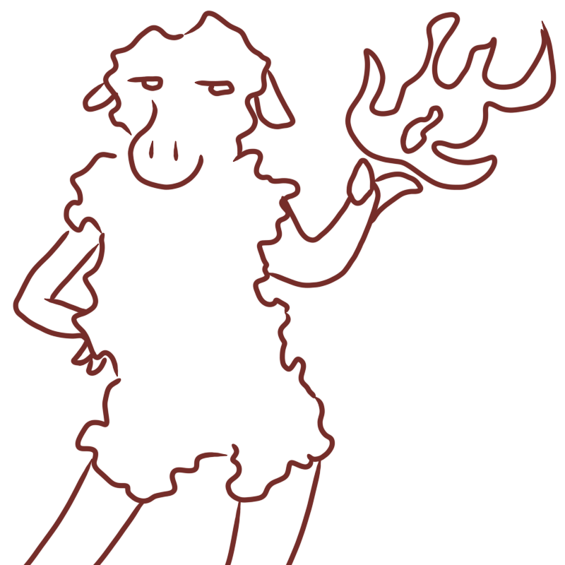 a sassy sheep holding up a hand with a flame just above it