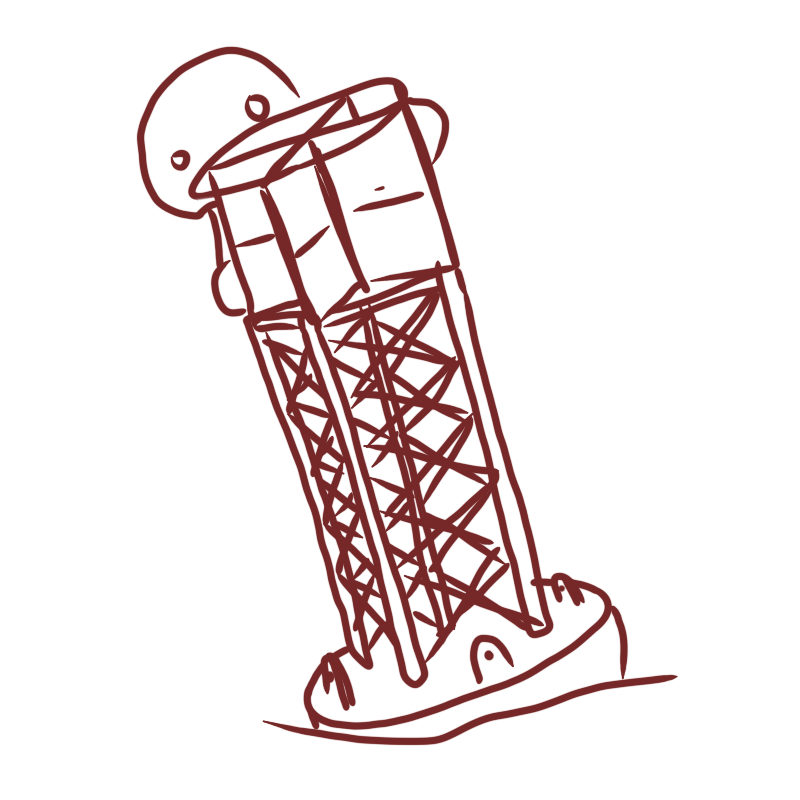 a small blob obscured by a leaning metal structure
