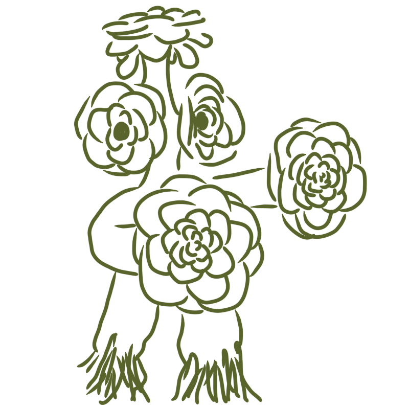 a plant person with roots as feet and plants as hands and eyes